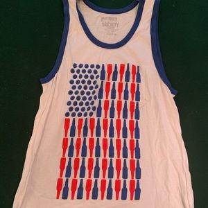 Large American Flag themed tank top, with a twist! Beer bottles and bottle caps.